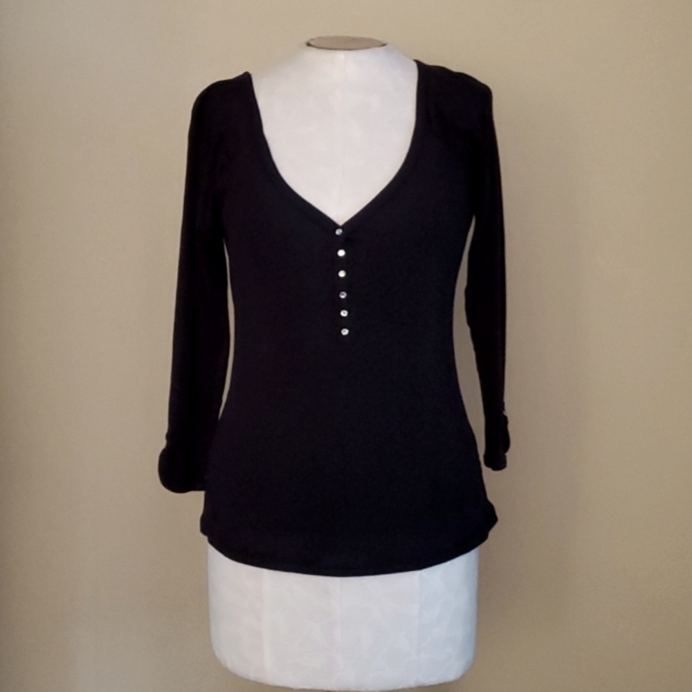 Blu Chic Black Rhinestone 100% Cotton 3/4 Sleeve Top
